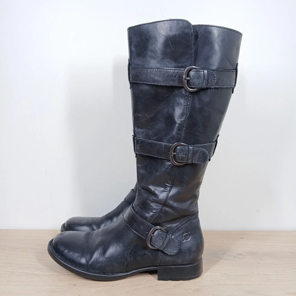 Born Boots Womens 7.5 Black Leather Tall Buckle Riding Equestrian Boots